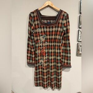 Double D Ranch‎ Plaid Floral Embroidered Dress Size S Long Sleeve Western Boho